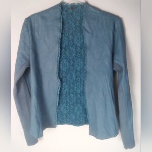 Anthropologie One Girl Who Leather Cardigan Knit Insert Teal Lace Blazer